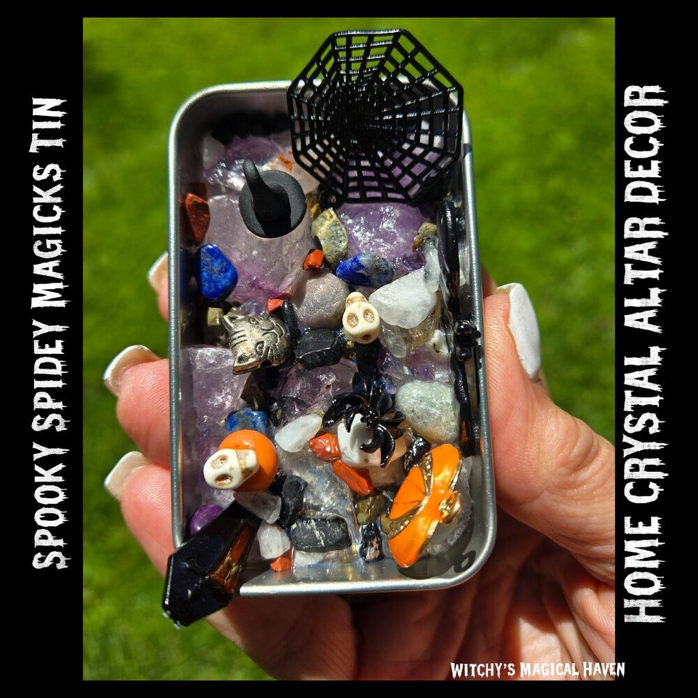 Spooky Spidey Magicks Crystal Tin Home Altar Decor
